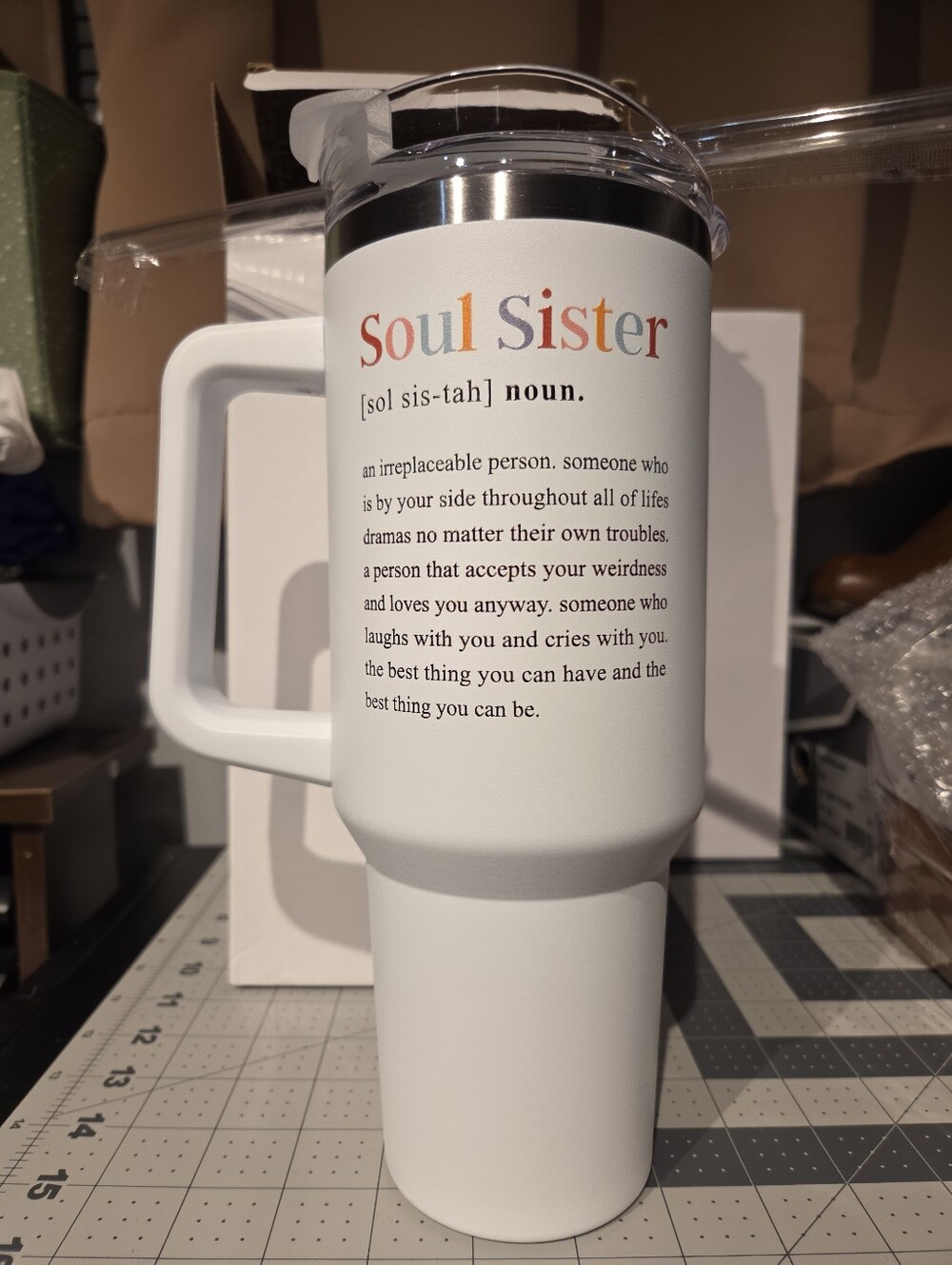 40 Oz Soul Sister White Insulated Travel Mug - Inspirational Home Accent